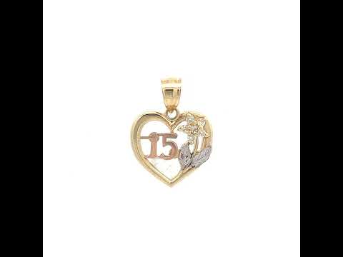 10K Gold Tri-Color Cubic-Zirconia Womens 15 Anos Heart Charm Pendant