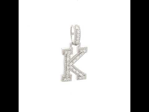 925 Sterling Silver Unisex Round Baguette Cubic Zirconia Initial Letter K Charm Pendant