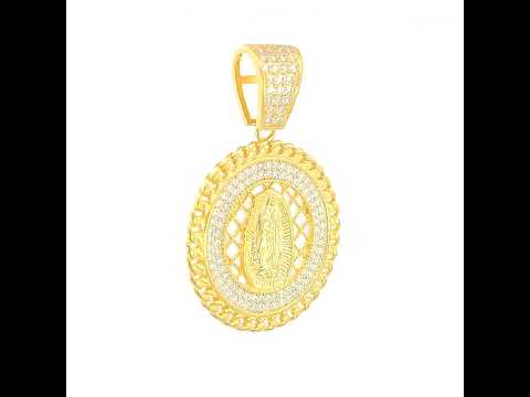 925 Sterling Silver Yellow-tone Mens 0.84ct Moissanite Cuban Border Guadalupe/Mother Marry Religious Charm Pendant