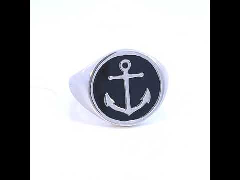 925 Sterling Silver Mens Black Enameled Anchor Nautical Fashion Ring