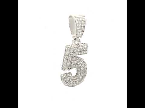 925 Sterling Silver Unisex Round Baguette Cubic-Zirconia Initial Number 5 Charm Pendant