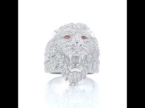 925 Sterling Silver Mens Red White 0.68ct Baguette 2.51ct Round Moissanite Leo/Lion Head Ring Size 10
