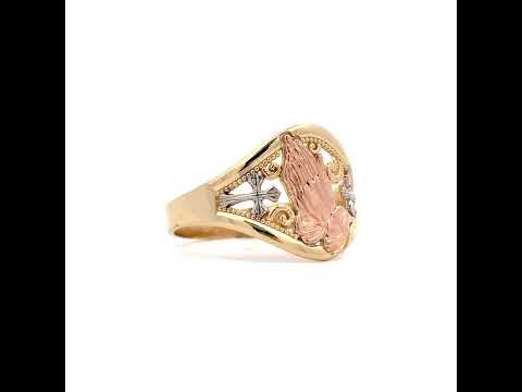 10K Tri-Color Gold Womens Praying Hands Cross Symbol Religious Ring
