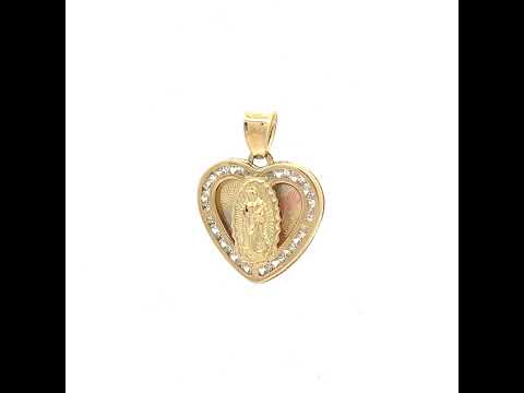 10K Tri-Color Gold Unisex Cubic-Zirconia Diamond-Cut Lady Of Guadalupe Religious Heart Charm Pendant