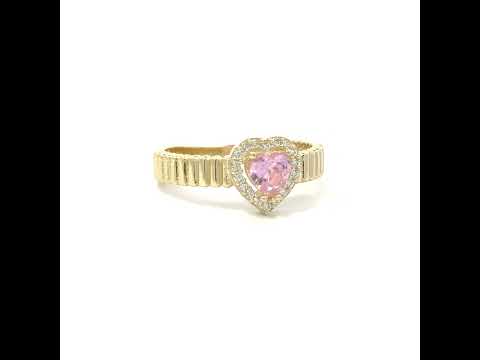 10K Yellow Gold Womens Round Heart White Pink Cubic-Zirconia Heart Birthstone Ring