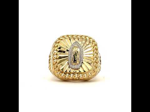 10K Two-tone Gold Mens Square Head Guadalupe Religious Cuban Border Ring