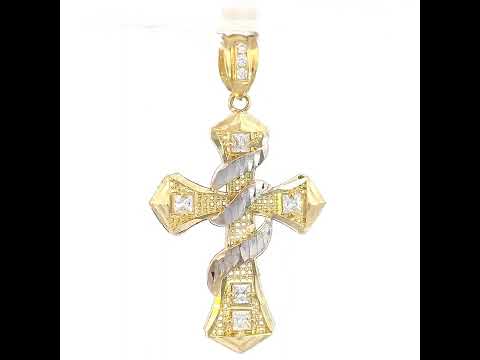 10K Two-Tone Gold Mens Princess Cut Cubic-Zirconia Religious Cross Charm Pendant