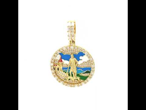 925 Sterling Silver Yellow-tone Mens 1.27ct, 2.56ct Moissanite St. Lazarus Enameled Religious Pendant
