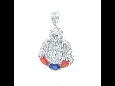 925 Sterling Silver Mens Red Blue White Marquise Round Moissanite Buddha Religious Pendant