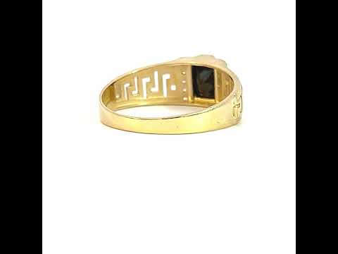 10K Yellow Gold Womens Black White Emerald Round Cubic-Zirconia Greek Key Sides Fashion Ring