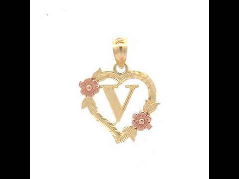 10K Two-Tone Gold Womens Heart Flower Initial Letter V Charm Pendant