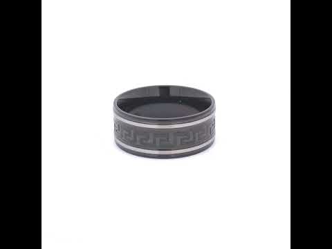 Stainless Steel Mens Two-tone Greek Key Pattern Center Black Size-12 Comfort-fit Fashion Band Ring