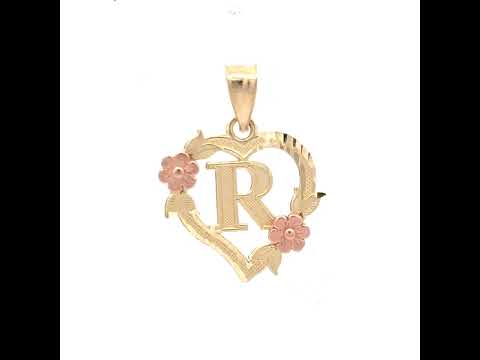 10K Two-Tone Gold Womens Heart Flower Initial Letter R Charm Pendant