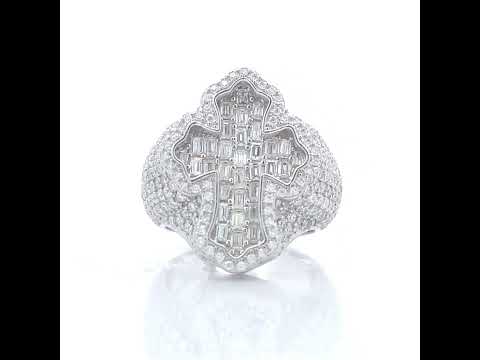 925 Sterling Silver Mens 1.81ct Baguette 5.28ct Round Moissanite Cross Religious Ring