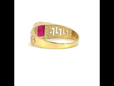 10K Yellow Gold Womens Pink White Emerald Round Cubic-Zirconia Greek Key Sides Fashion Ring
