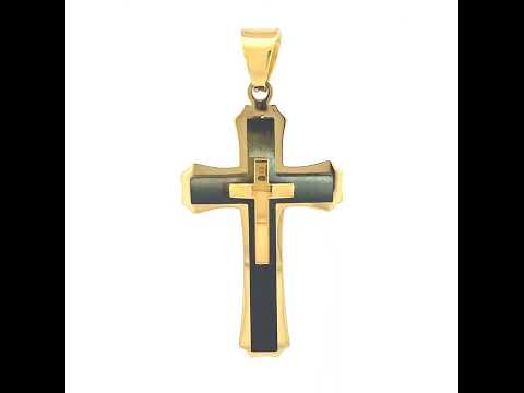 Stainless Steel Yellow Black-tone Mens Cross Religious Charm Pendant