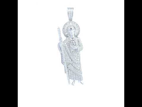 925 Sterling Silver Mens 1.68ct, 1.18ct Baguette Round Moissanite St. Jude Religious Pendant