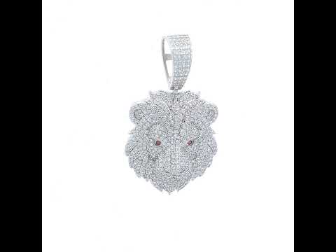 925 Sterling Silver Mens White Red Cubic-Zirconia Leo/Lion Head Zodiac Sign/Wildlife Charm Pendant