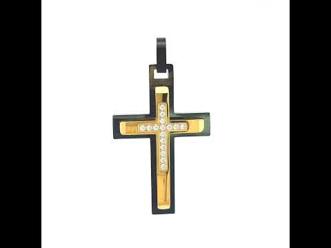 Stainless Steel Yellow Black-tone Mens Cubic-Zirconia Cross Religious Charm Pendant