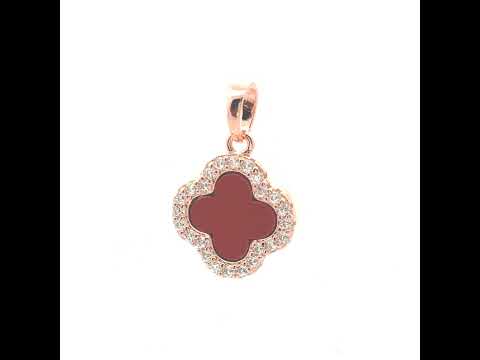 925 Sterling Silver Rose-Tone Womens Cubic-Zirconia Red Enameled Clover Good Luck Pendant