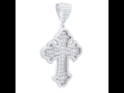 925 Sterling Silver Mens 6.79ct Baguette 3.69ct Round Moissanite Cross Religious Charm Pendant
