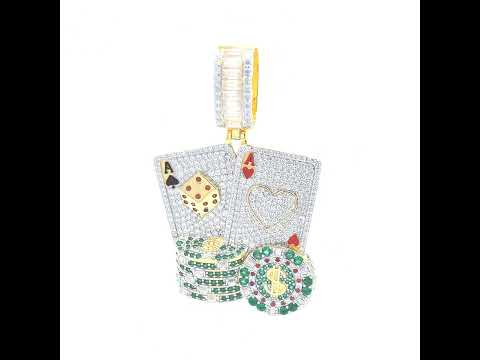 925 Sterling Silver Yellow-Tone Mens Green Red Moissanite Enameled Cards Dice Poker Chips Pendant