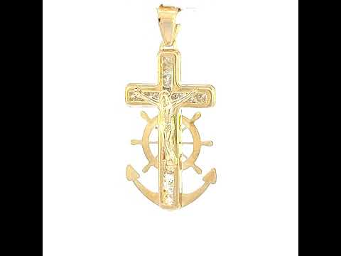 10K Yellow Gold Unisex Cubic-Zirconia Textured Crucifix Anchor Religious Charm Pendant
