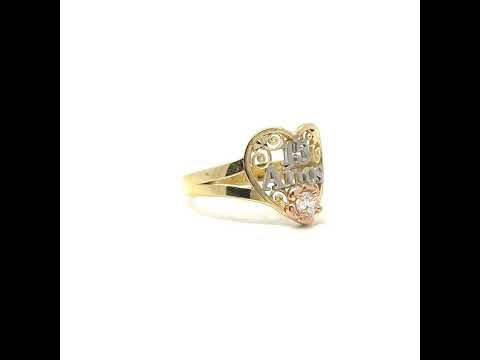 10K Tri-Color Gold Women Cubic-Zirconia Heart Anos 15 Quinceanera Ring