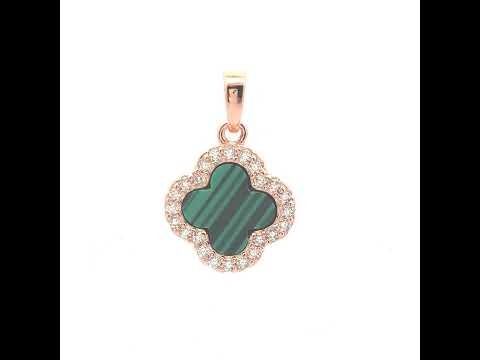 925 Sterling Silver Rose-Tone Womens Cubic-Zirconia Green Enameled Clover Good Luck Pendant