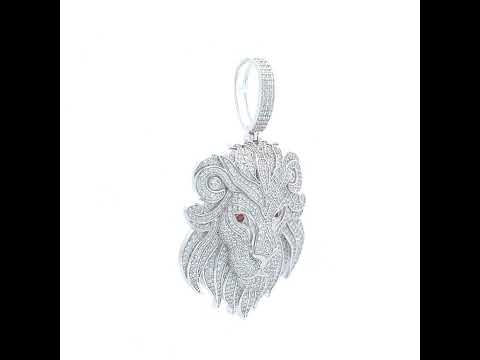 925 Sterling Silver Mens White Red Cubic-Zirconia Leo/Lion Head Zodiac Sign/Wildlife Charm Pendant