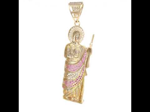 10K Yellow Gold Mens Pink White Cubic-Zirconia St. Jude Religious Charm Pendant