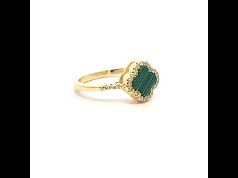 925 Sterling Silver Yellow-Tone Womens Cubic-Zirconia Green Enameled Clover Good Luck Ring Size 7