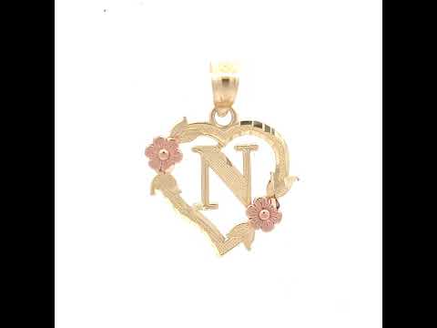 10K Two-Tone Gold Womens Heart Flower Initial Letter N Charm Pendant