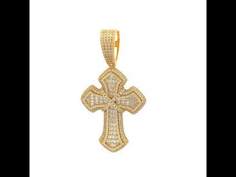 925 Sterling Silver Yellow-tone Mens Round Baguette Cubic-Zirconia Cross Religious Charm Pendant