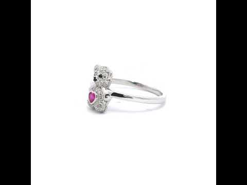 925 Sterling Silver Womens Black/Pink White Heart Round Cubic-Zirconia Teddy Bear Love Heart Ring Size 7