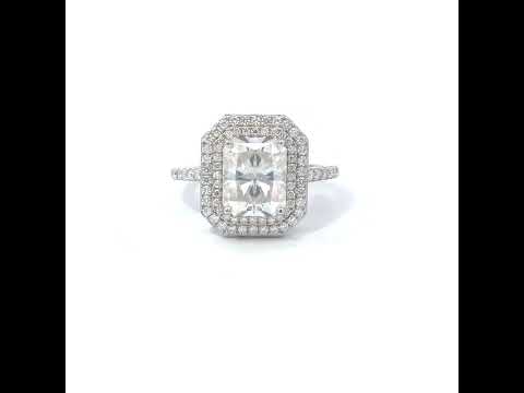 925 Sterling Silver Womens Emerald Round Moissanite Halo Engagement Ring