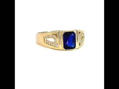 10K Yellow Gold Womens Blue White Emerald Round Cubic-Zirconia Horseshoe Sides Fashion Ring