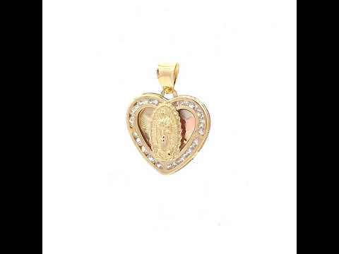 10K Tri-Color Gold Unisex Cubic-Zirconia Textured Lady Of Guadalupe Religious Heart Charm Pendant