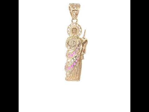 10K Yellow Gold Mens Pink White Cubic-Zirconia St. Jude Religious Charm Pendant