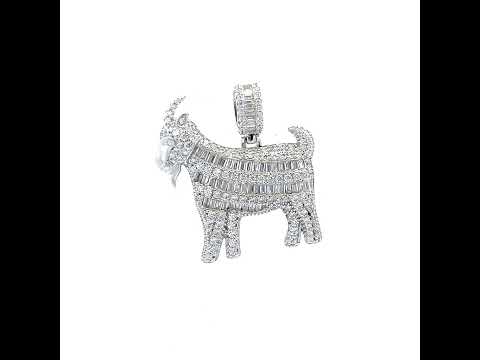 925 Sterling Silver Mens Round Baguette 1.31ct, 1.39ct Moissanite Goat Animal Wildlife Charm Pendant