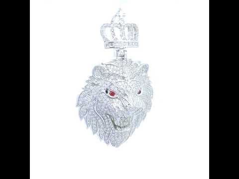 925 Sterling Silver Mens 4.48ct, 0.42ct Red White Baguette Round Moissanite Leo/Lion Head Pendant