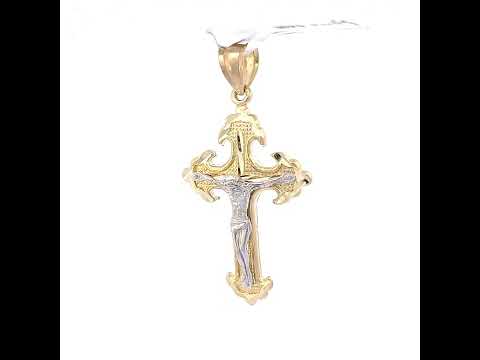 10K Gold Two-Tone Diamond-Cut Mens Cross Crucifix Religious Charm Pendant