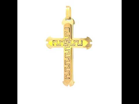 Stainless Steel Yellow-tone Mens Greek Key Cross Religious Charm Pendant