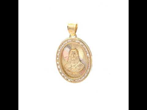 10K Tri-Color Gold Unisex Cubic-Zirconia Textured Sacred Heart Of Jesus Religious Charm Pendant