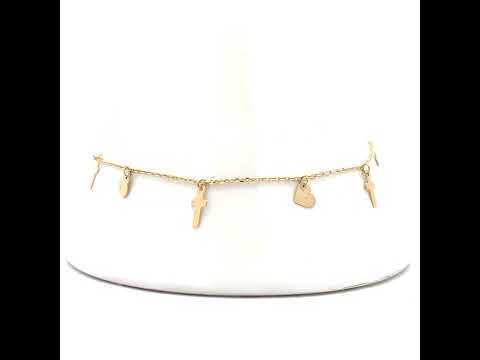 10K Yellow Gold Womens Cubic-Zirconia Heart Cross Charms Chain Anklet Size 9 + 1 Inches