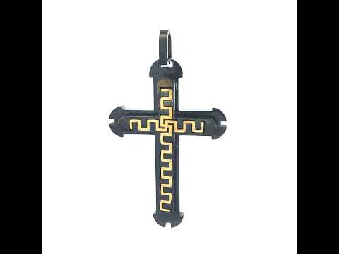 Stainless Steel Yellow Black-tone Mens Greek Key Cross Religious Charm Pendant