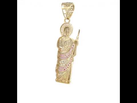 10K Yellow Gold Mens Pink White Cubic-Zirconia St. Jude Religious Charm Pendant