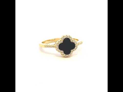 925 Sterling Silver Yellow-Tone Womens Cubic-Zirconia Black Enameled Clover Good Luck Ring Size 8