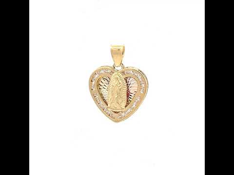 10K Tri-Color Gold Unisex Cubic-Zirconia Diamond-Cut Lady Of Guadalupe Religious Heart Charm Pendant