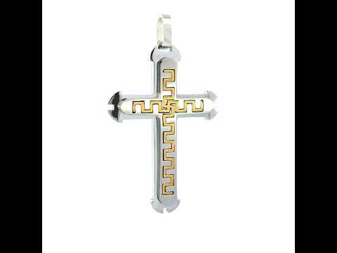 Stainless Steel Yellow-tone Mens Greek Key Cross Religious Charm Pendant